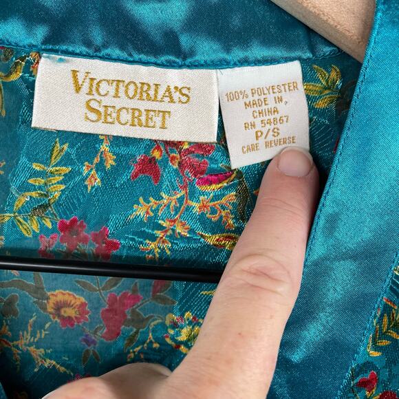 Vtg 90s VICTORIA'S SECRET Sheer Foral Button Down Sleep Shirt Small Teal Jewel - Picture 3 of 8